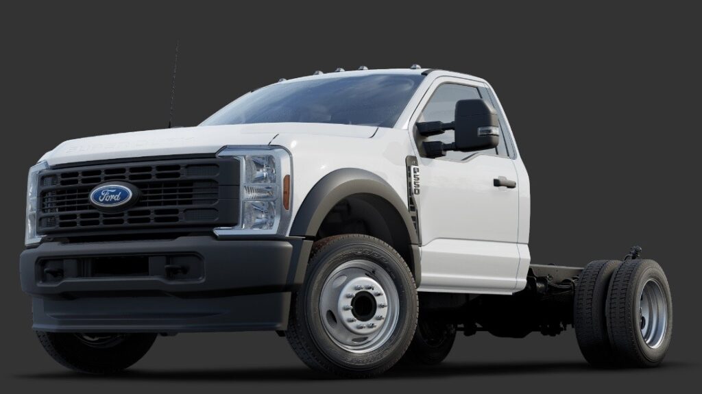 White Ford F-550 chassis cab truck side view.
