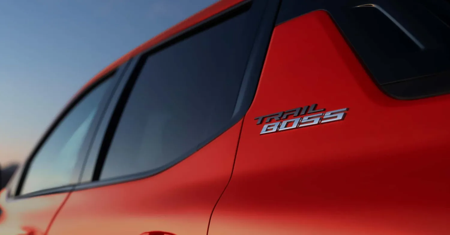 Silverado EV Trail Boss Red SUV with Trail Boss badge