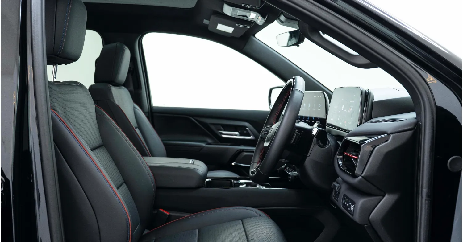 Silverado EV Trail Boss Modern car interior with black leather seats