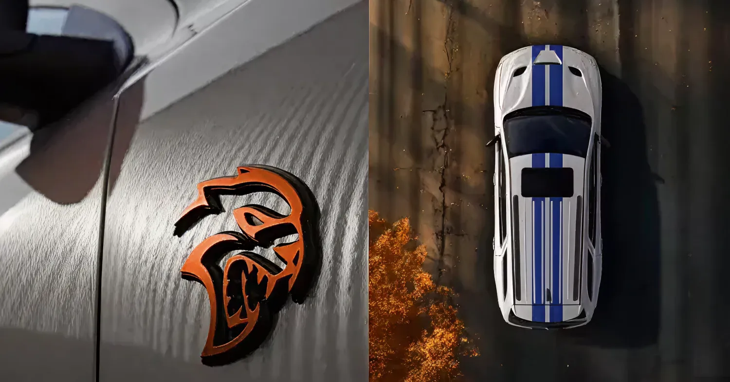 White sports car with blue stripes and orange emblem.