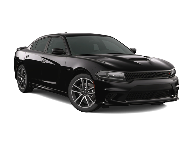 Black Dodge Charger sedan on white background.
