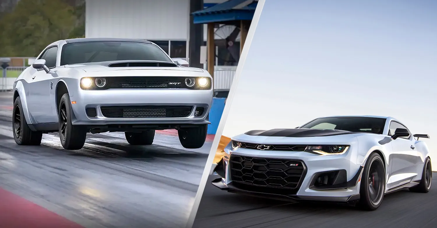 Dodge Challenger and Chevrolet Camaro racing on track.